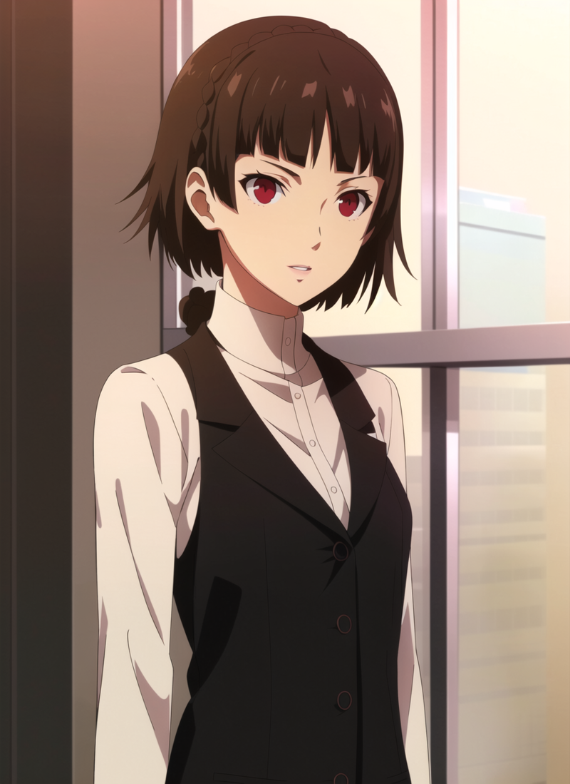 3978521577-471778448-persona5 anime style, nijima makoto, 1girl, black vest, blunt bangs, blurry, blurry background, braid, breasts, brown hair, crow.png